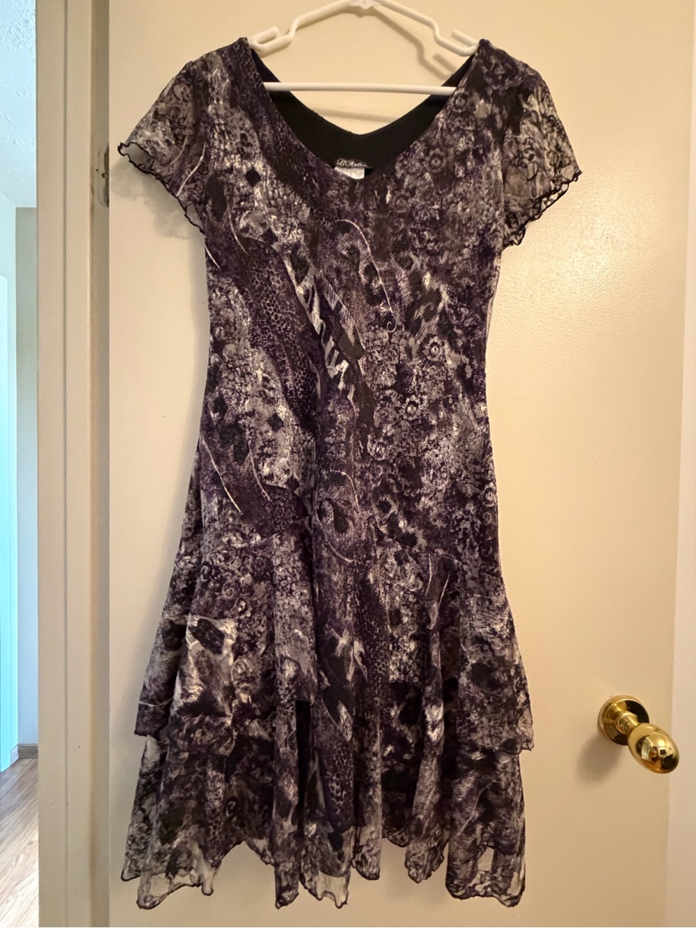 Purple Printed Short-Sleeve V-Neck Midi Dress